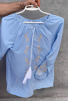 Блузка для дівчинки "Колосок" Софт Блакитний  (вишивка - Золотий) 158