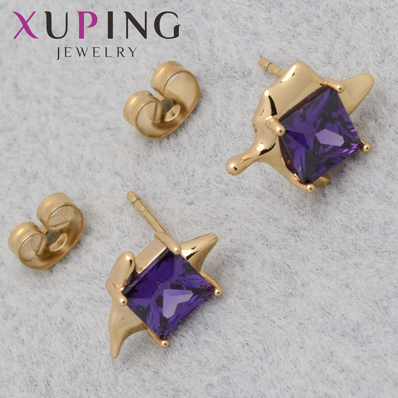 Серьги женские позолота 18K Xuping Jewelry застёжка гвоздик листочки с фиолетовыми кристаллами размер 13х7 мм
