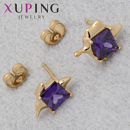 Серьги женские позолота 18K Xuping Jewelry застёжка гвоздик листочки с фиолетовыми кристаллами размер 13х7 мм, фото 1