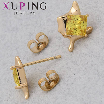 Серьги женские позолота 18K Xuping Jewelry застёжка гвоздик листочки с жёлтыми кристаллами размер 13х7 мм, фото 1