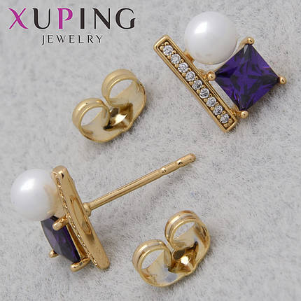 Серьги женские позолота 18K Xuping Jewelry застёжка гвоздик с фиолетовыми стразами и жемчужиной размер 11х7 мм, фото 1