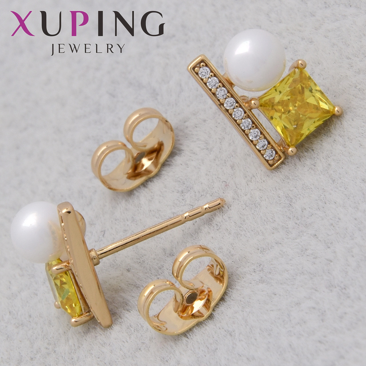 Серьги женские позолота 18K Xuping Jewelry застёжка гвоздик с белыми стразами и жемчужиной размер 11х7 мм
