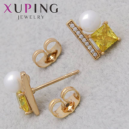 Серьги женские позолота 18K Xuping Jewelry застёжка гвоздик с белыми стразами и жемчужиной размер 11х7 мм, фото 1