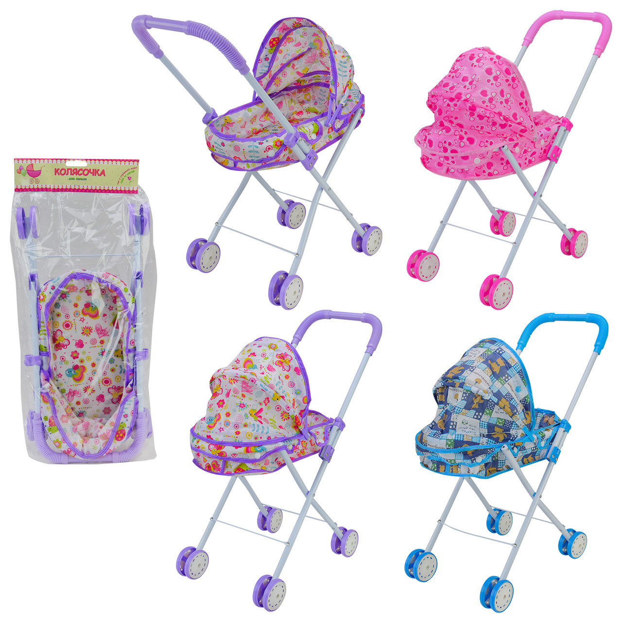 Коляска для ляльки металева 9309L зимова подвійні колеса 3 кольори, фото 1