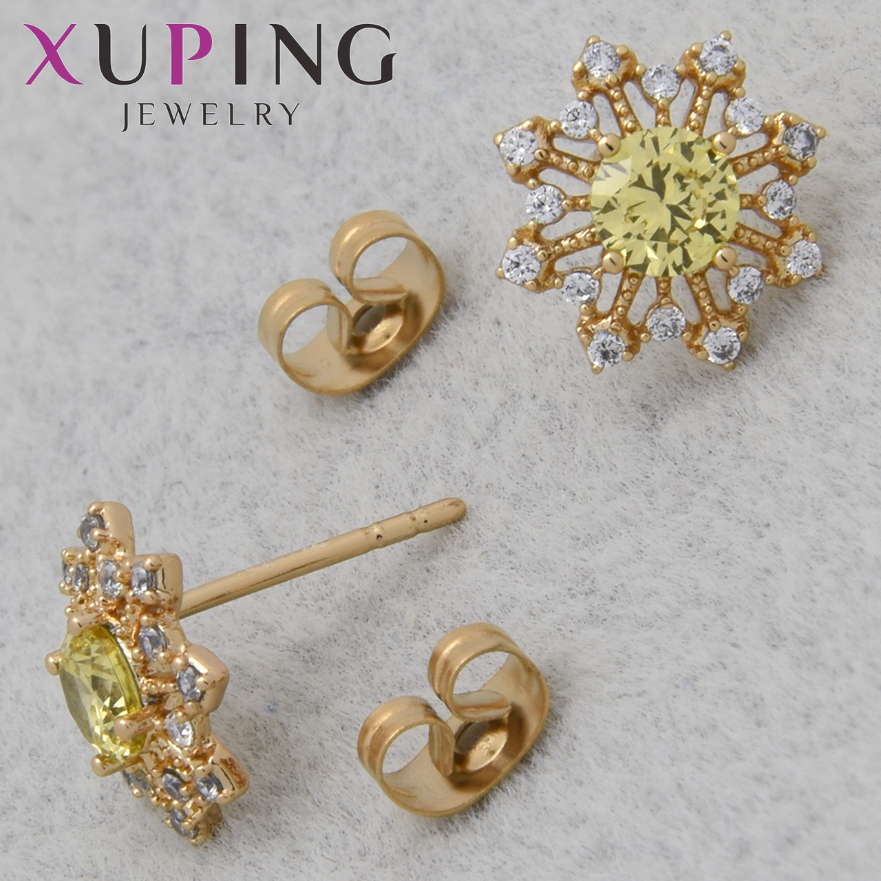 Серьги женские позолота 18K Xuping Jewelry застёжка гвоздик с жёлтыми переливающимися стразами размер 10х10 мм