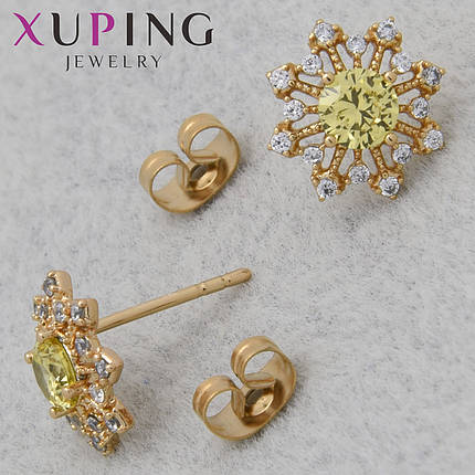 Серьги женские позолота 18K Xuping Jewelry застёжка гвоздик с жёлтыми переливающимися стразами размер 10х10 мм, фото 1