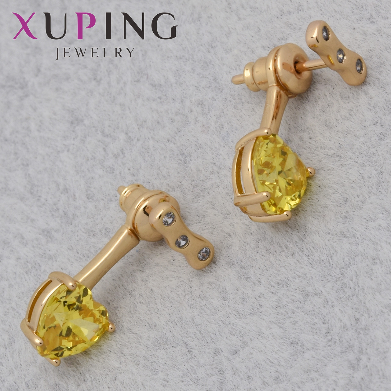 Серьги женские позолота 18K Xuping Jewelry застёжка гвоздик сердечки с жёлтыми камушками размер 17х6 мм