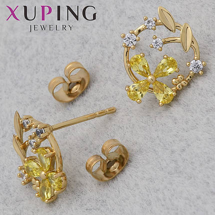 Серьги женские позолота 18K Xuping Jewelry застёжка гвоздик цветочек с белыми и жёлтыми камнями размер 13х13мм, фото 1