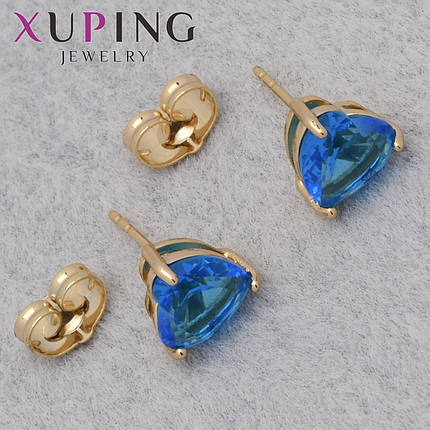 Серьги женские позолота 18K Xuping Jewelry застёжка гвоздик сердечки с голубыми кристаллами размер 8х8 мм, фото 1