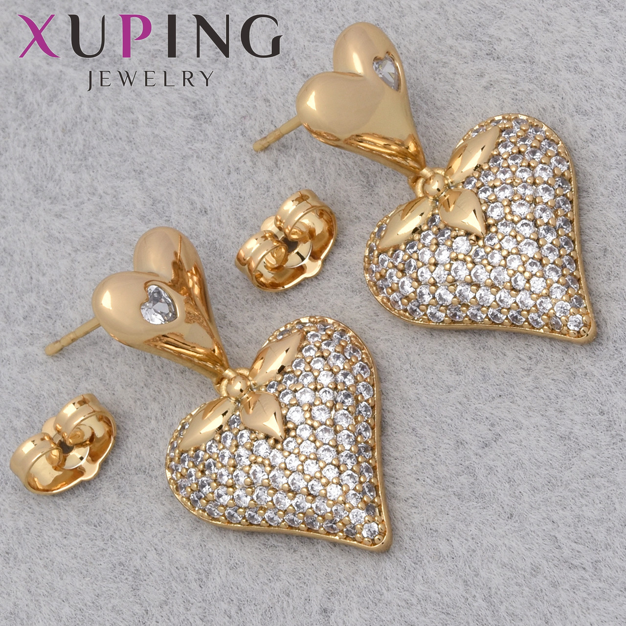 Серьги женские позолота 18K Xuping Jewelry застёжка гвоздик сердечки с белыми стразами размер 30х15 мм