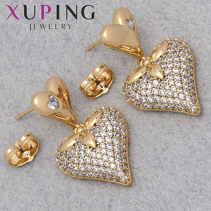 Серьги женские позолота 18K Xuping Jewelry застёжка гвоздик сердечки с белыми стразами размер 30х15 мм, фото 1