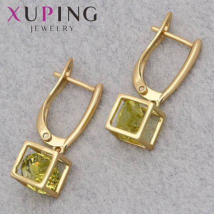 Серьги женские позолота 18K Xuping Jewelry английская застёжка кубики с жёлтыми кристаллами размер 20х7 мм, фото 1