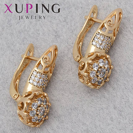 Серьги женские позолота 18K Xuping Jewelry английская застёжка с белыми стразами и узорами размер 22х10 мм, фото 1