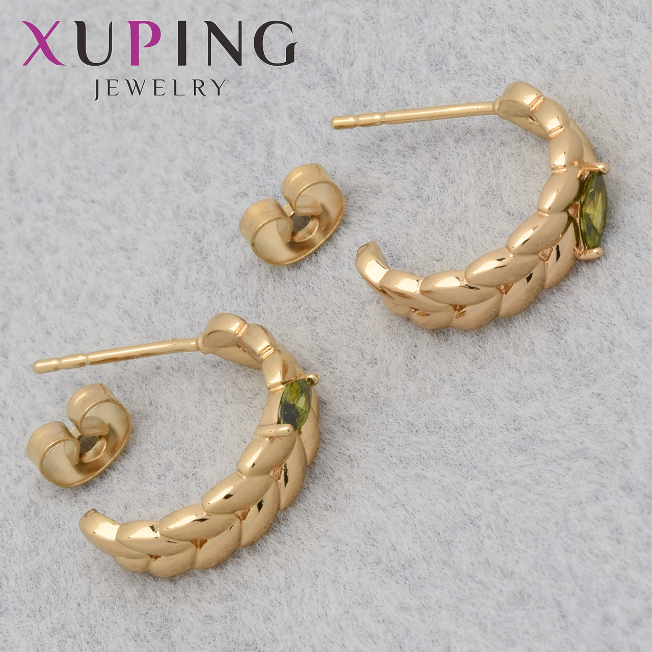 Серьги женские позолота 18K Xuping Jewelry застёжка гвоздик колосок с зелёными камушками размер 13х13 мм