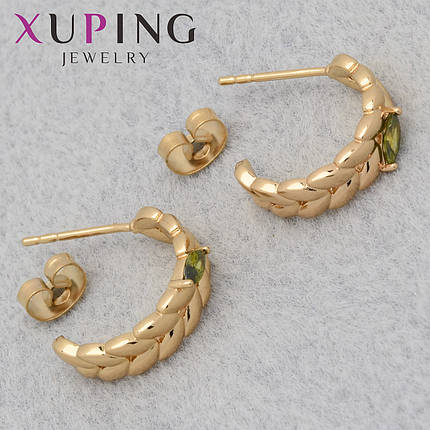 Серьги женские позолота 18K Xuping Jewelry застёжка гвоздик колосок с зелёными камушками размер 13х13 мм, фото 1
