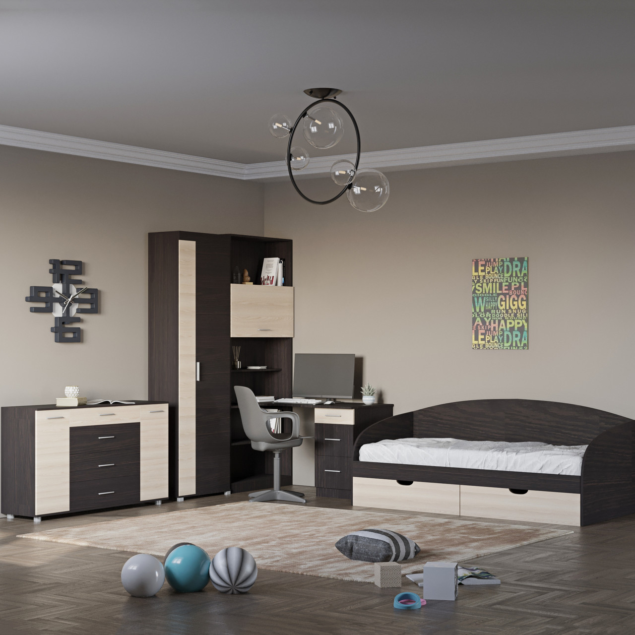 Спальня Дитяча Еверест Бриз Комплект 6 (модульна - 4 елементи) з комодом Бриз К-6 (телескопи) венге + дуб молочний (DTM-2558), фото 1