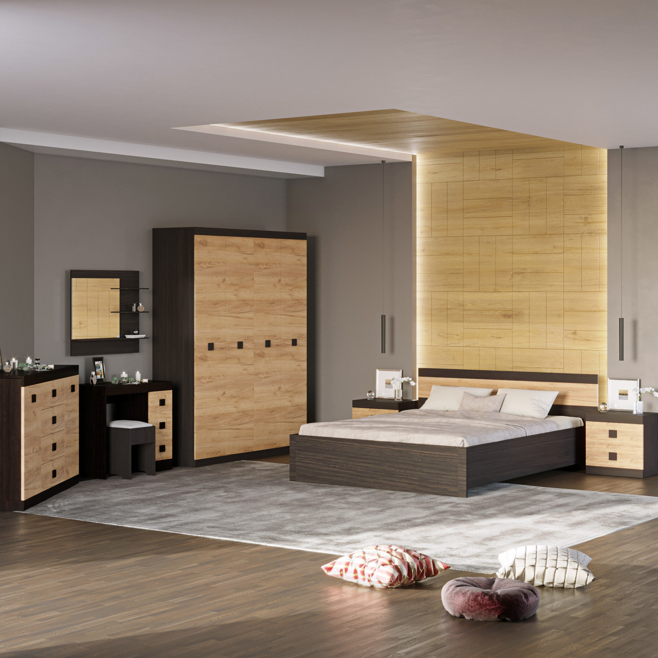 Спальня Соната Еверест Комплект 16 (модульна - 7 елементів) венге темний + дуб крафт золотий (DTM-2623), фото 1