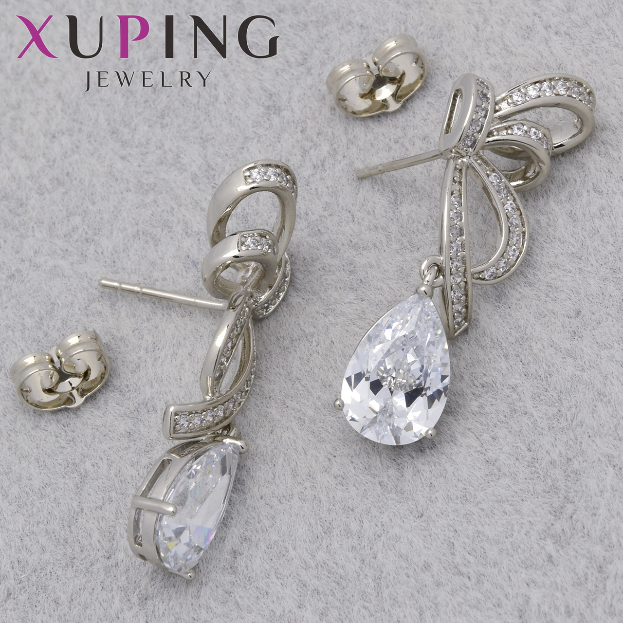 Серьги женские позолота фирма Xuping Jewelry родий застёжка гвоздик бантики с кристаллами размер 33х10 мм