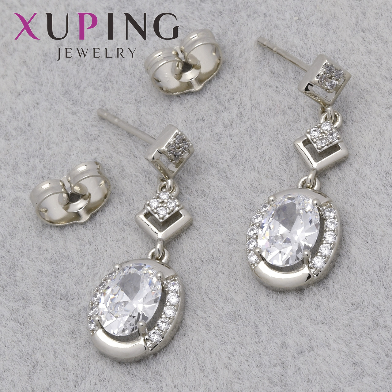Серьги женские позолота фирма Xuping Jewelry родий застёжка гвоздик с белыми стразами размер 25х10 мм