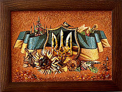 Картина з бурштину "Герб України Тризуб" 30*40 см