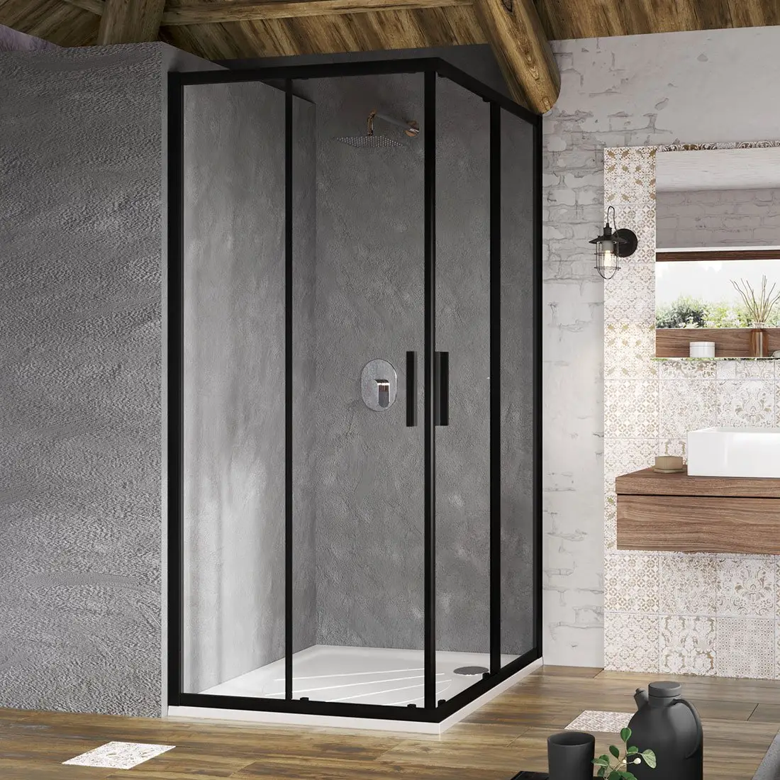 Душова кабіна Ravak Blix Slim BLSRV2 90х90х195 см без піддону чорна прозоре скло розсувні двері