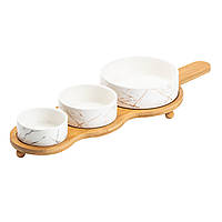 Набір керамічних піал на дерев'яній підставці 3 шт менажниця 3 х секційна для десертів цукерок фруктів Lugi