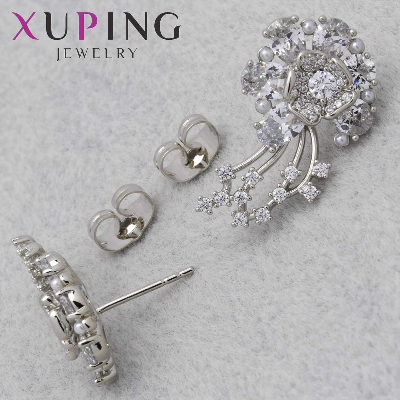 Серьги женские позолота фирма Xuping Jewelry родий застёжка гвоздик цветочки с кристаллами размер 23х15 мм