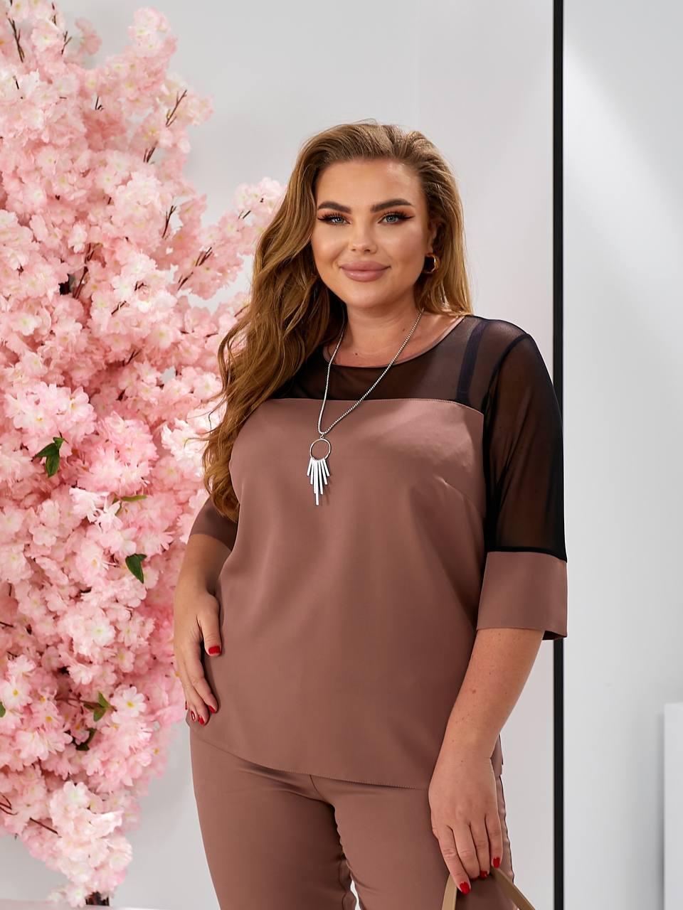 Жіночий костюм двійка з вставкою сіткою /арт. 153/ колір кава / кавового кольору, фото 1