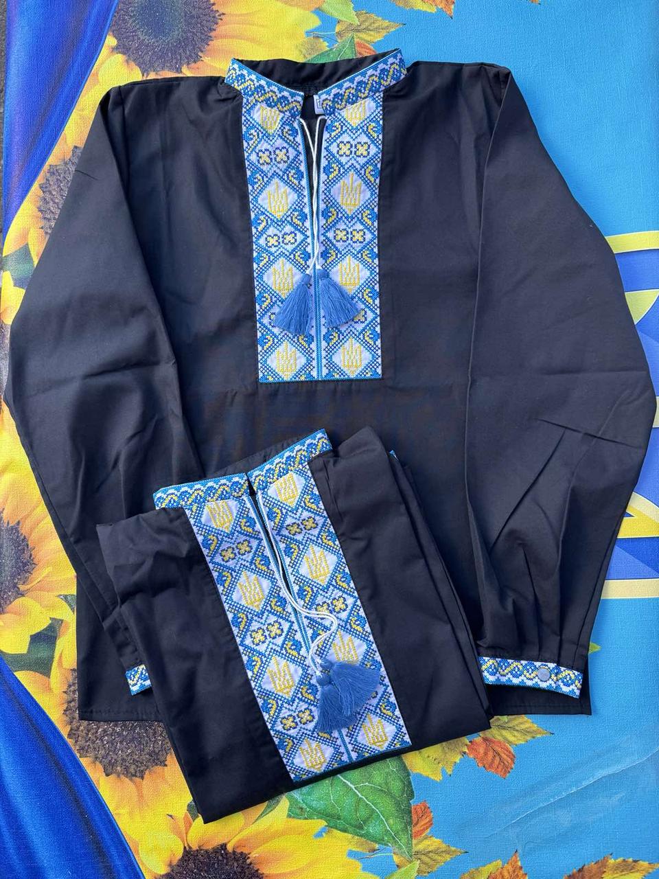 Опт Вишиванка для хлопчиків  довгий рукав р 7-12 років, чорна з жовто-голубим