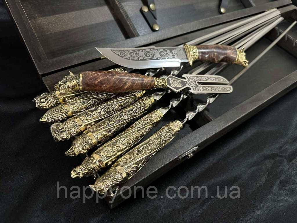 Набір шампурів "Дикі звірі" з ножем і виделкою (в дерев'яному кейсі), фото 1