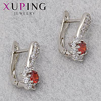 Сережки жіночі позолота фірма Xuping Jewelry родій англійська застібка з червоними камінцями розмір 15х7 мм
