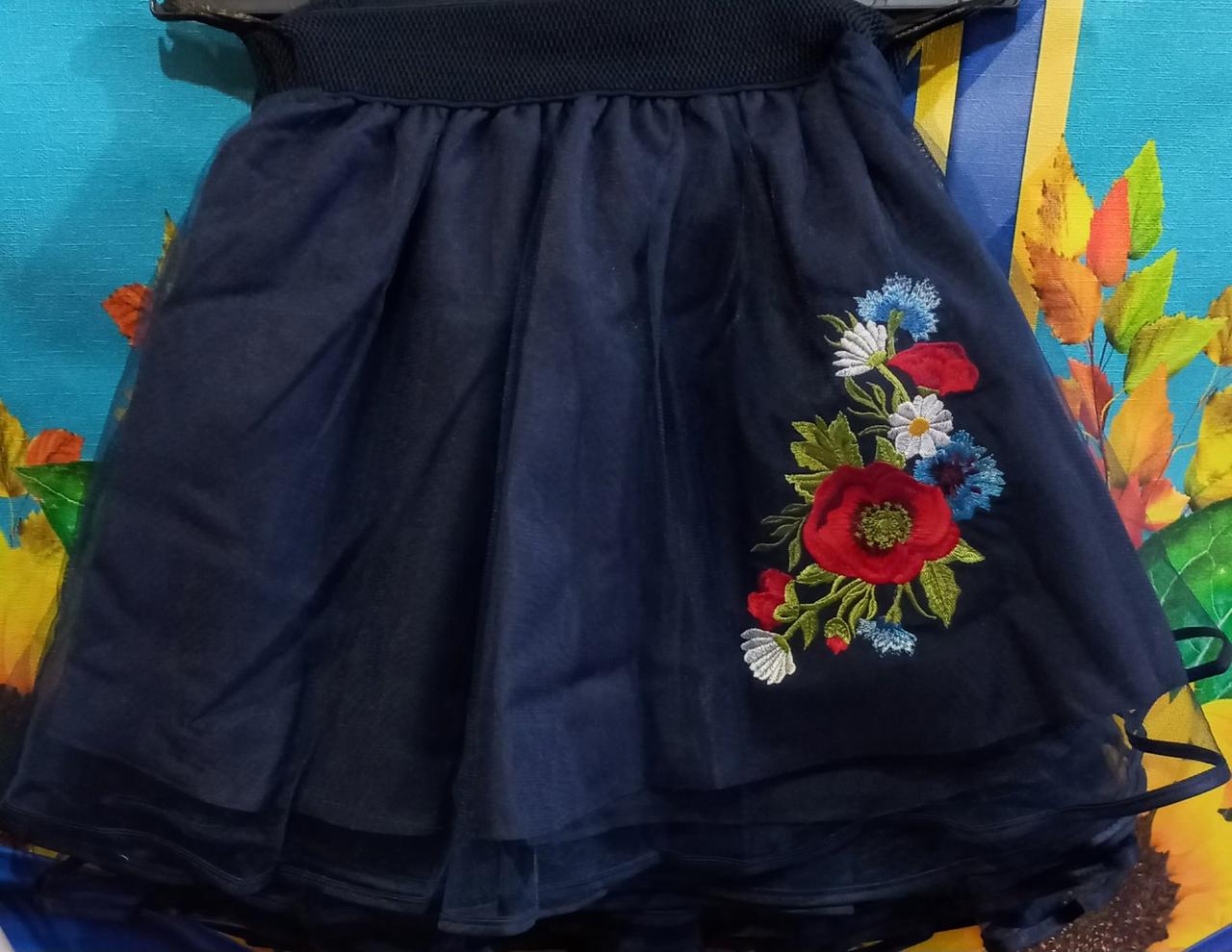 Опт Спідниця на резинці з фатином та вишивкою Волошки для дівчинки, р. 122-146 синя