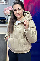 Куртка жіноча бежева демісезона плащівка синтепон Куртка беж коротка молодіжна з капюшоном осінь зима