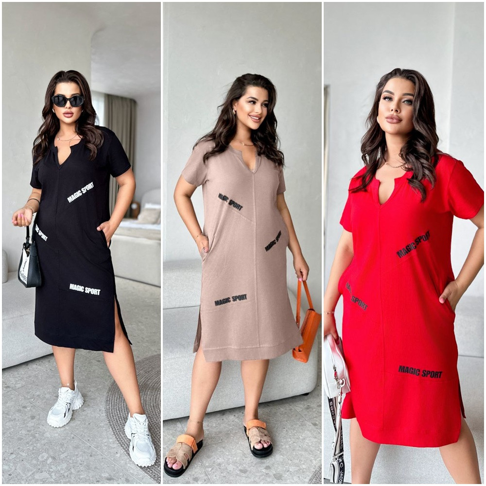 Літне плаття спорт із трикотажу бавовна з короткими рукавами з карманами великих розмірів