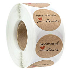 Наклейка кругла "Handmade with love" 25 мм (10 шт) Крафт-папір