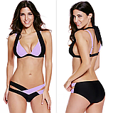 Чорно-бузковий роздільний жіночий купальник, на зав'язках, з пушапом. Розмір L (48), фото 3