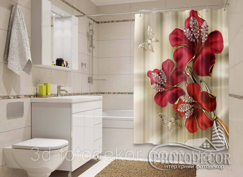 Фото Шторка для ванної "3D Квіти зі стразами та метелики" - ціна вказана за 1 м.кв. Читаємо опис!