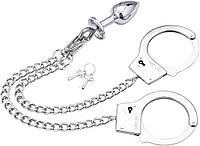 Металлические наручники с анальной пробкой для БДСМ-игр