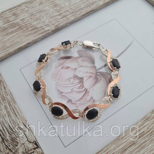 Браслет срібний із золотими вставками чорним альпінітом і білими цирконами, фото 1