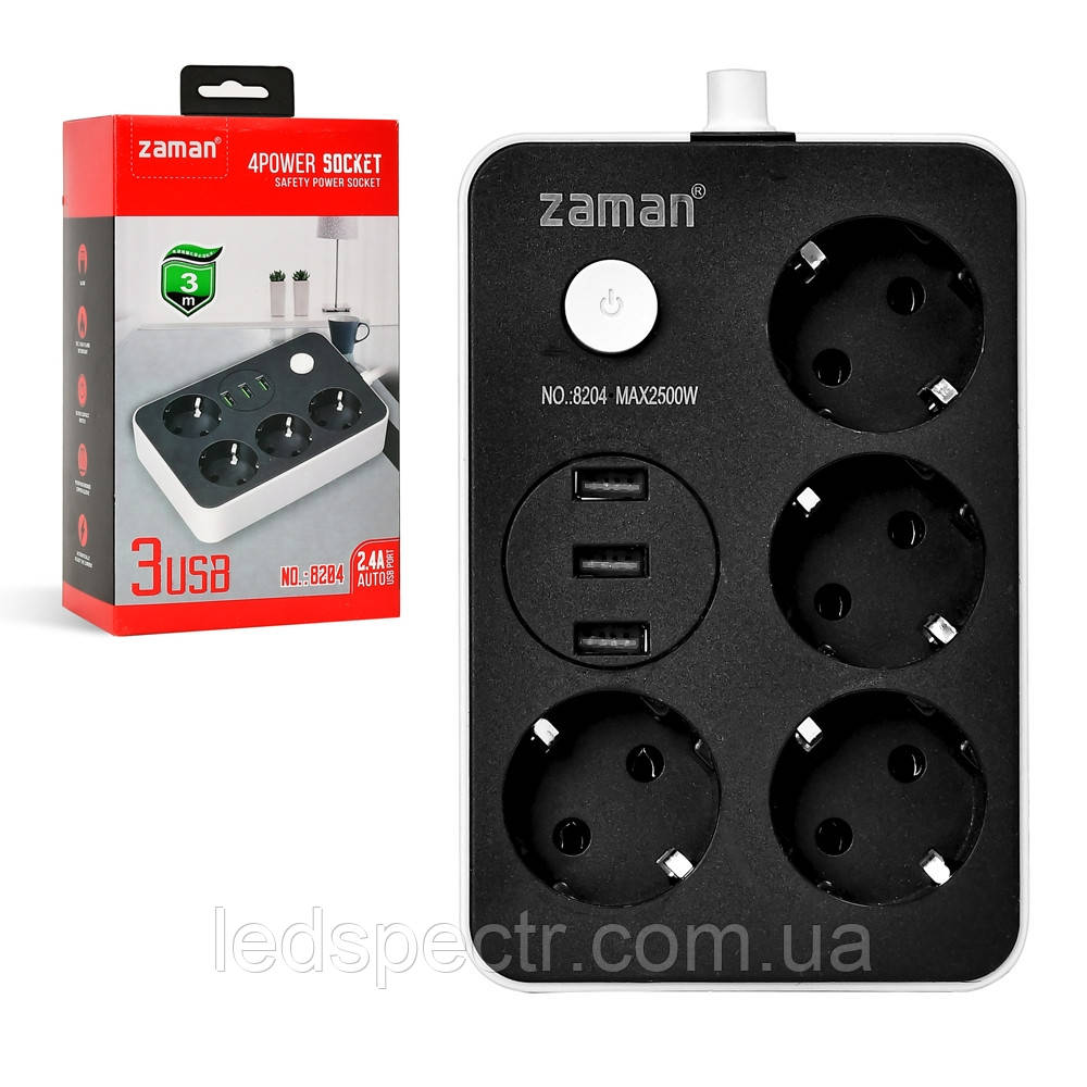 Мережевий фільтр живлення 3м 4 розетки +3 USB 3 m, мережевий подовжувач розеток, чорний, фото 1