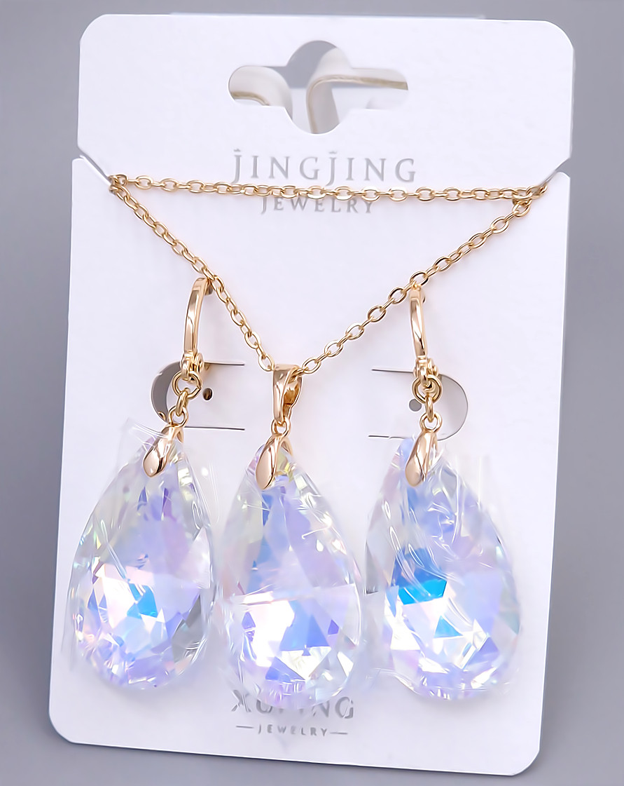Набір ХР. Сережки та кулон на ланцюжку зі Swarovski бензинового кольору. Позолота 18К Ланцюжок: 40-45см Сережки: 46мм