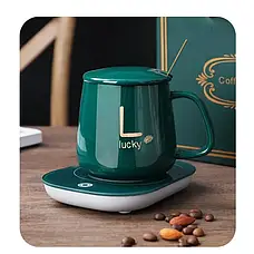 Чашка керамічна темно-зелена з підставкою — підігрівом і ложечкою в пакованні-пакеті, фото 2