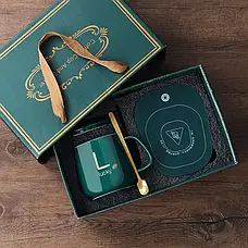 Чашка керамічна темно-зелена з підставкою — підігрівом і ложечкою в пакованні-пакеті, фото 5