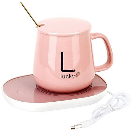 Чашка 350 мл на підставці з підігрівом до +55 °C, Рожева/Карка керамічна з ложкою в подарунковому пакованні, фото 1