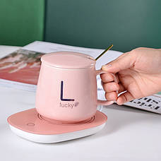 Чашка 350 мл на підставці з підігрівом до +55 °C, Рожева/Карка керамічна з ложкою в подарунковому пакованні, фото 2