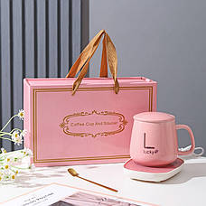 Чашка 350 мл на підставці з підігрівом до +55 °C, Рожева/Карка керамічна з ложкою в подарунковому пакованні, фото 3