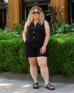 Жіночий костюм з жатого льону, жилет та шорти Чорний