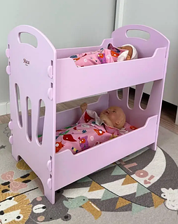 Іграшкова дерев'яна двохярусна рожева кроватка-качалка для ляльок.