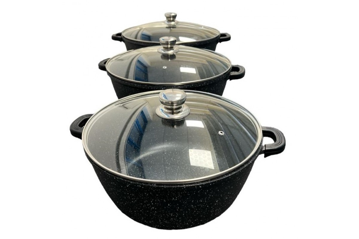 Набір каструль PT-6 (ГАЗ+ІНДУКЦІЯ) (3 шт. - 32/36/40) зі скляною кришкою