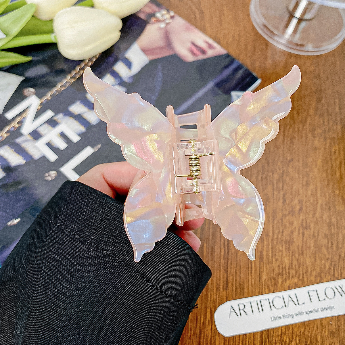 Трендова заколка-крабик для волосся у вигляді метелика. Персиковий, фото 1